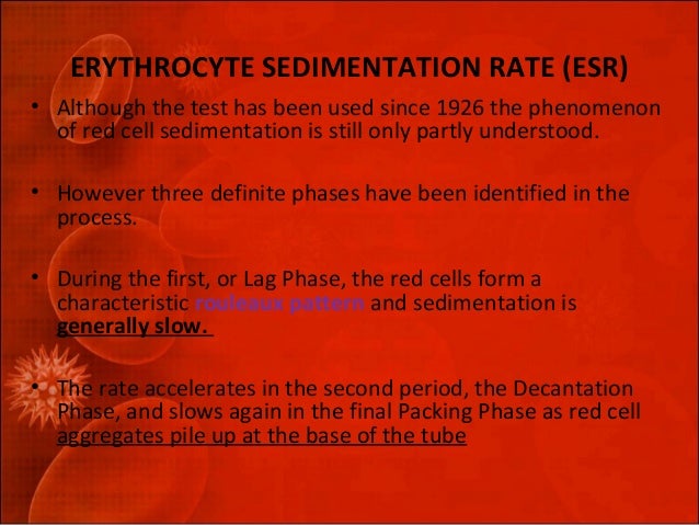 erythrocyte sedimentation rate esr The esr (erythrocyte sedimentation rate) is a simple blood test that estimates the level of inflammation in the body. erythrocyte sedimentation rate esr The esr (erythrocyte sedimentation rate) is a simple blood test that estimates the level of inflammation in the body.