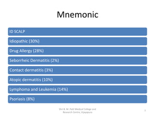 Mnemonic
ID SCALP
Idiopathic (30%)
Drug Allergy (28%)
Seborrheic Dermatitis (2%)
Contact dermatitis (3%)
Atopic dermatitis (10%)
Lymphoma and Leukemia (14%)
Psoriasis (8%)
Shri B. M. Patil Medical College and
Research Centre, Vijayapura
7
 