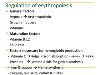 Regulation of erythropoiesis
 General factors
- Hypoxia  erythropoietin
- Growth inducers
- Vitamins
 Maturation factors
- Vitamin B 12
- Folic acid
 Factors necessary for hemoglobin production
- Vitamin C Helps in iron absorption (Fe+++  Fe++)
- Proteins  Amino Acids for globin synthesis
- Iron & copper  Heme synthesis
- calcium, bile salts, cobalt & nickel.
 