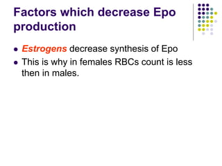 Factors which decrease Epo
production
 Estrogens decrease synthesis of Epo
 This is why in females RBCs count is less
then in males.
 