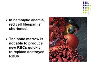  In hemolytic anemia,
red cell lifespan is
shortened.
 The bone marrow is
not able to produce
new RBCs quickly
to replace destroyed
RBCs
 
