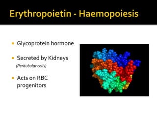    Glycoprotein hormone

   Secreted by Kidneys
    (Peritubular cells)

   Acts on RBC
    progenitors
 