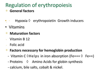 Regulation of erythropoiesis
 General factors
-
-
• - Hypoxia  erythropoietin Growth inducers
• Vitamins
 Maturation factors
- Vitamin B 12
- Folic acid
 Factors necessary for hemoglobin production
- Vitamin C Helps in iron absorption (Fe+++  Fe++)
- Proteins  Amino Acids for globin synthesis
- calcium, bile salts, cobalt & nickel.
 