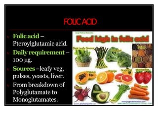 FOLICACID
 Folicacid–
Pteroylglutamic acid.
 Dailyrequirement–
100 μg.
 Sources–leafy veg,
pulses, yeasts, liver.
 From breakdown of
Polyglutamate to
Monoglutamates.
 