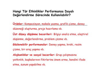 Hangi Tür Etkinlikler Performansa Dayalı Değerlendirme Sürecinde Kullanılabilir? Ürünler:  Kompozisyon, makale yazma, grafik çizme, deney düzeneği oluşturma, proje hazırlama vb. Üst düzey düşünme becerileri:  Bilgiyi analiz etme, eleştirel düşünme, değerlendirme, problem çözme vb. Gözlenebilir performanslar:  Deney yapma, kroki, resim çizme, bir araç yapma vb.  Alışkanlıklar ve sosyal beceriler:  Grup çalışmasına yatkınlık, başkalarının fikirlerine önem erme, kendini ifade etme, sunum yapabilme vb.  