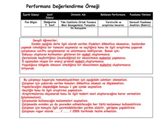 Performans Değerlendirme Örneği İçerik Düzeyi Sınıf Düzeyi Ünitenin Adı Beklenen Performans Puanlama Yöntemi Fen Bilgisi İlköğretim 7. Sınıf Tüm Canlılarla Ortak Yuvamız Mavi Gezegenimizi Tanıyalım Ve Koruyalım Yaratıcılık ve araştırma becerisi Dereceli Puanlama Anahtarı (Rubric) Sevgili öğrenciler; Sizden aşağıda ünite ilgili olarak verilen ifadeleri dikkatlice okumanızı, bunlardan yapmak istediğiniz bir tanesini seçmenizi ve seçtiğiniz konu ile ilgili araştırma yaparak çalışmanızı sınıfta sergilemenizi ve anlatmanızı bekliyorum. Bunun için; Dünyayı oluşturan katmanları gösteren bir  maket  oluşturmanızı Çevrenizde keşfettiğiniz (incelediğiniz) bir ekosistemin  maketini  yapmanızı 5 aşamadan oluşan bir enerji pramidi  maketi  oluşturmanızı Yaşadığınız bölgede olmasını istediğiniz bir ekosistemin  maketini  oluşturmanızı istiyorum.  Bu çalışmayı başarıyla tamamlayabilmen için aşağıdaki adımları izlemelisin. Çalışman için yukarıda verilen konuları dikkatlice okumalı ve düşünmelisin. Yapabileceğini düşündüğün konuyu 1 gün içinde seçmelisin Seçtiğin konu ile ilgili araştırma yapmalısın. Araştırmalarına dayanarak konu ile ilgili maketi nasıl oluşturacağına karar vermelisin (planlamalısın). Çalışmanda kullanacağın malzemeleri seçmelisin. Çalışmanda evinden ya da çevreden edinebileceğin her türlü malzemeyi kullanabilirsin. Çalışman için konuyla ilgili çevrendekilerden yardım alabilir, görüşme yapabilirsin. Çalışmanı rapor olarak .... / .... / 200 8  tarihinde teslim etmelisin. 