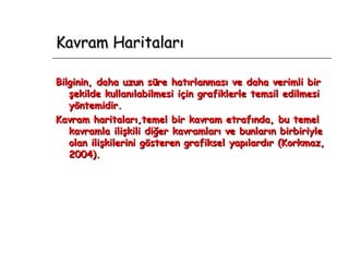 Kavram Haritaları Bilginin, daha uzun süre hatırlanması ve daha verimli bir şekilde kullanılabilmesi için grafiklerle temsil edilmesi yöntemidir. Kavram haritaları,temel bir kavram etrafında, bu temel kavramla ilişkili diğer kavramları ve bunların birbiriyle olan ilişkilerini gösteren grafiksel yapılardır (Korkmaz, 2004). 
