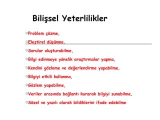 Bilişsel Yeterlilikler Problem çözme,  Eleştirel düşünme,  Sorular oluşturabilme,  Bilgi edinmeye yönelik araştırmalar yapma,  Kendini gözleme ve değerlendirme yapabilme,  Bilgiyi etkili kullanma,  Gözlem yapabilme,  Veriler arasında bağlantı kurarak bilgiyi sunabilme,  Sözel ve yazılı olarak bildiklerini ifade edebilme 
