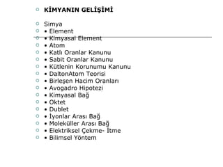 KİMYANIN GELİŞİMİ Simya •  Element •  Kimyasal Element •  Atom •  Katlı Oranlar Kanunu •  Sabit Oranlar Kanunu •  Kütlenin Korunumu Kanunu •  DaltonAtom Teorisi •  Birleşen Hacim Oranları •  Avogadro Hipotezi •  Kimyasal Bağ •  Oktet •  Dublet •  İyonlar Arası Bağ •  Moleküller Arası Bağ •  Elektriksel Çekme- İtme •  Bilimsel Yöntem 