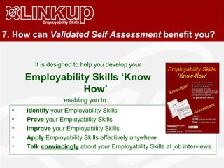 7. How can Validated Self Assessment benefit you?
It is designed to help you develop your
Employability Skills ‘Know
How’
enabling you to…
• Identify your Employability Skills
• Prove your Employability Skills
• Improve your Employability Skills
• Apply Employability Skills effectively anywhere
• Talk convincingly about your Employability Skills at job interviews
Employability Skills
 