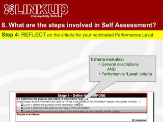 8. What are the steps involved in Self Assessment?
Step 4: REFLECT on the criteria for your nominated Performance Level
Criteria includes:
• General descriptions
AND
• Performance ‘Level’ criteria
 