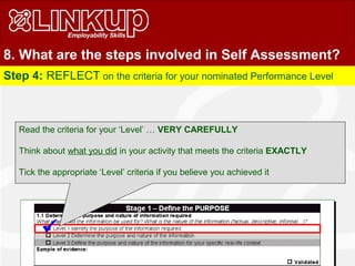 8. What are the steps involved in Self Assessment?
Step 4: REFLECT on the criteria for your nominated Performance Level
Read the criteria for your ‘Level’ … VERY CAREFULLY
Think about what you did in your activity that meets the criteria EXACTLY
Tick the appropriate ‘Level’ criteria if you believe you achieved it

 