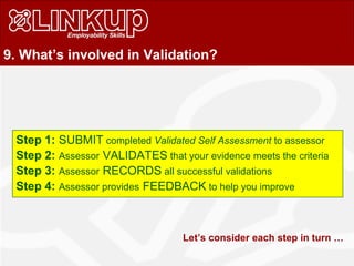 9. What’s involved in Validation?
Step 1: SUBMIT completed Validated Self Assessment to assessor
Step 2: Assessor VALIDATES that your evidence meets the criteria
Step 3: Assessor RECORDS all successful validations
Step 4: Assessor provides FEEDBACK to help you improve
Let’s consider each step in turn …
 