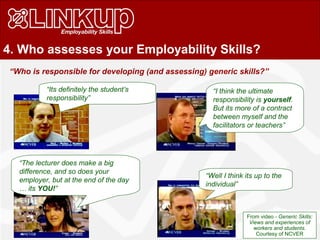 4. Who assesses your Employability Skills?
“Who is responsible for developing (and assessing) generic skills?”
“The lecturer does make a big
difference, and so does your
employer, but at the end of the day
… its YOU!”
“Well I think its up to the
individual”
“I think the ultimate
responsibility is yourself.
But its more of a contract
between myself and the
facilitators or teachers”
“Its definitely the student’s
responsibility”
From video - Generic Skills:
Views and experiences of
workers and students.
Courtesy of NCVER
 