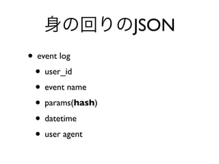 身の回りのJSON
• event log
• user_id
• event name
• params(hash)
• datetime
• user agent
 