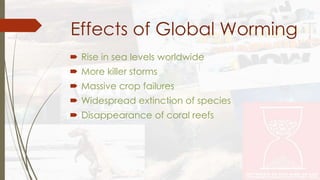 Effects of Global Worming 
 Rise in sea levels worldwide 
 More killer storms 
 Massive crop failures 
 Widespread extinction of species 
 Disappearance of coral reefs 
 