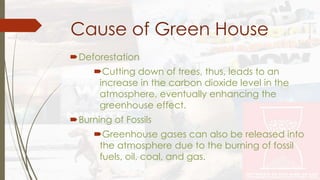 Cause of Green House 
Deforestation 
Cutting down of trees, thus, leads to an 
increase in the carbon dioxide level in the 
atmosphere, eventually enhancing the 
greenhouse effect. 
Burning of Fossils 
Greenhouse gases can also be released into 
the atmosphere due to the burning of fossil 
fuels, oil, coal, and gas. 
 