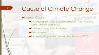 Cause of Climate Change 
Human Causes 
Increase green house gasses(emulsion from burning 
fossils fuels-oil, coal etc.) 
Pollution, smog from factories. 
Deforestation 
Increasing Population (More people more CO2) 
2 
 