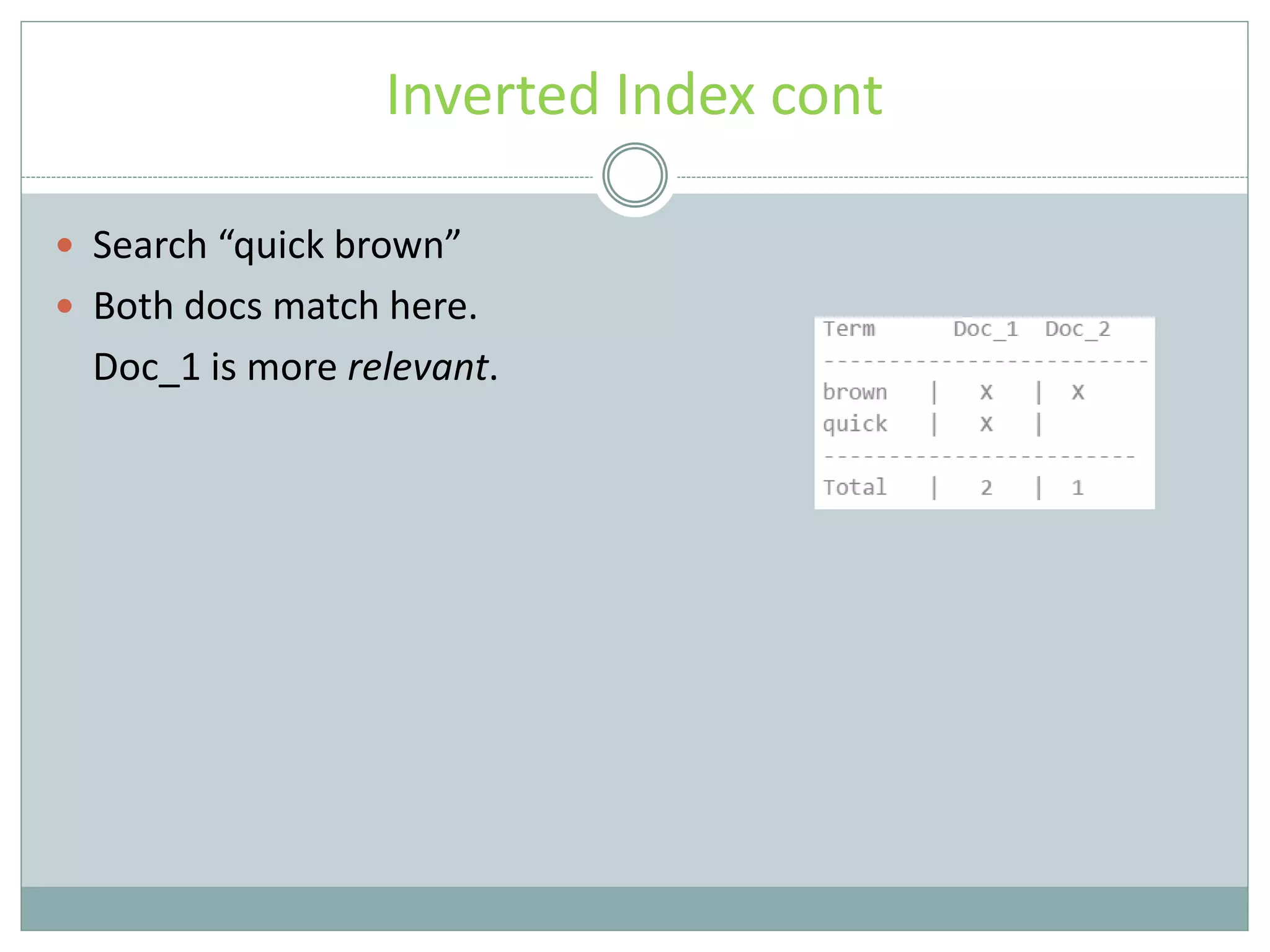 Inverted Index cont  Search “quick brown”  Both docs match here. Doc_1 is more relevant. 