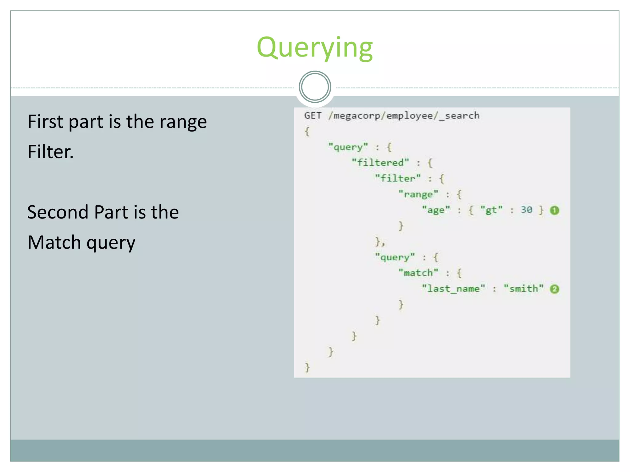 Querying First part is the range Filter. Second Part is the Match query 