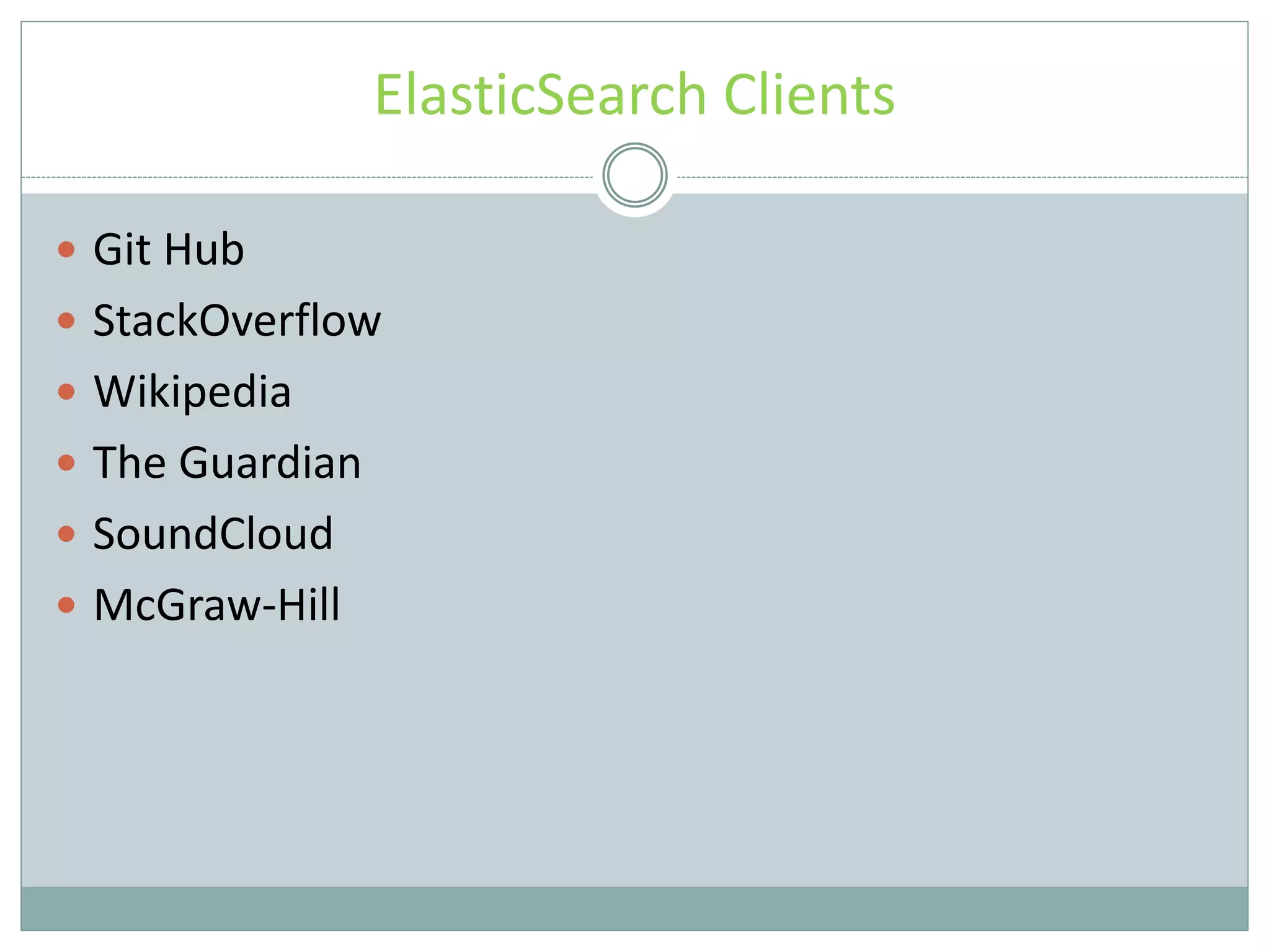 ElasticSearch Clients  Git Hub  StackOverflow  Wikipedia  The Guardian  SoundCloud  McGraw-Hill 
