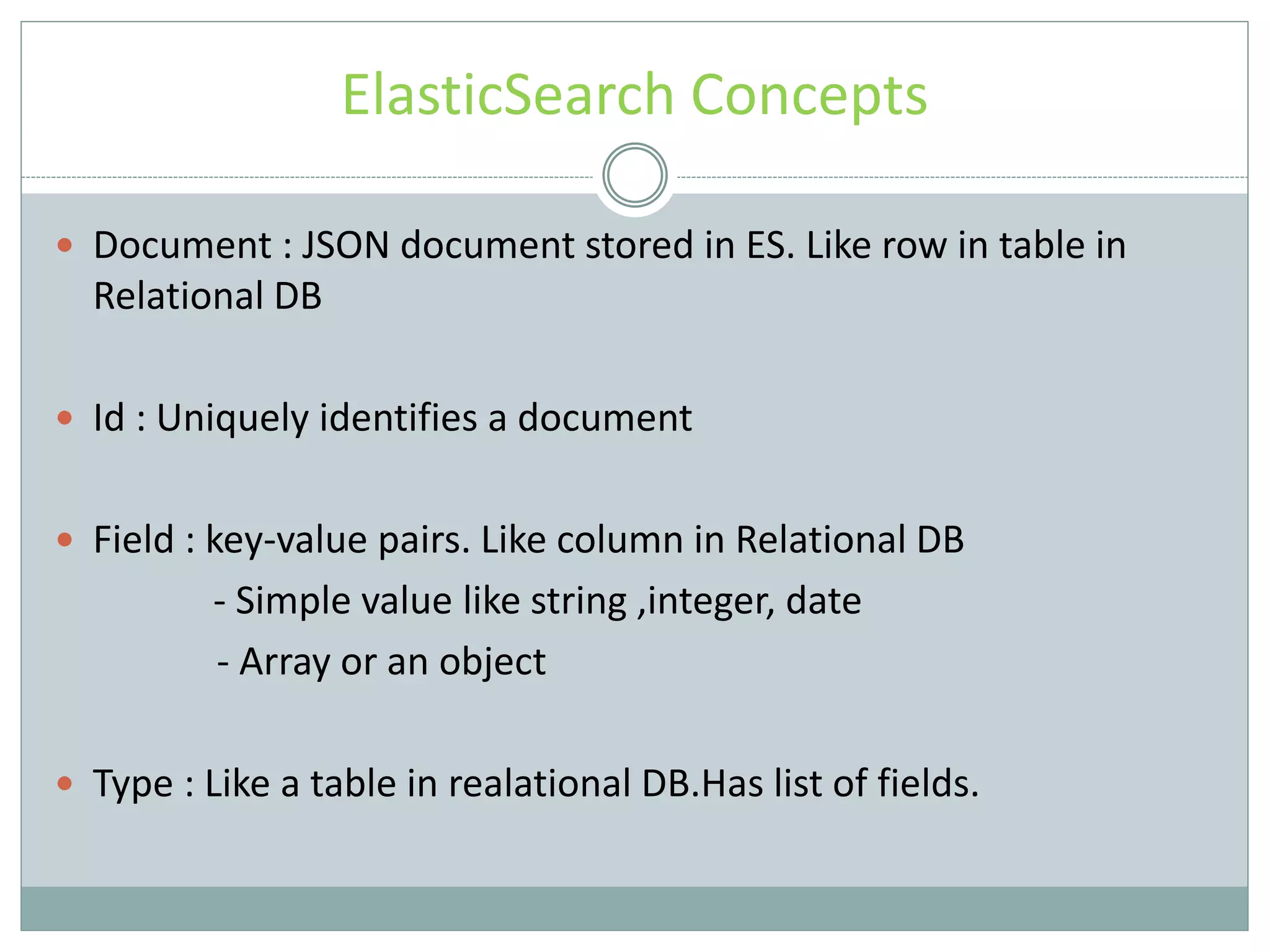 ElasticSearch Concepts  Document : JSON document stored in ES. Like row in table in Relational DB  Id : Uniquely identifies a document  Field : key-value pairs. Like column in Relational DB - Simple value like string ,integer, date - Array or an object  Type : Like a table in realational DB.Has list of fields. 