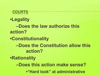 COURTS
•Legality
–Does the law authorize this
action?
•Constitutionality
–Does the Constitution allow this
action?
•Rationality
–Does this action make sense?
•“Hard look” at administrative
 
