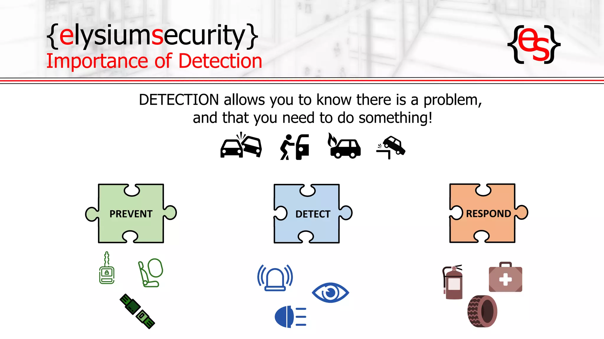 {elysiumsecurity}
Importance of Detection
PREVENT DETECT RESPOND
DETECTION allows you to know there is a problem,
and that you need to do something!
 