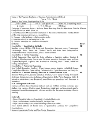 Comprehensive Employability Skills Course for BBA Students | DOCX