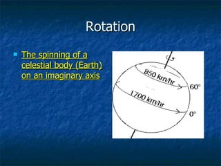Rotation The spinning of a celestial body (Earth) on an imaginary axis 