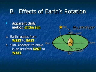 B.  Effects of Earth’s Rotation Apparent daily motion  of the sun a.  Earth rotates from  WEST  to  EAST b.  Sun “appears” to move in an arc from  EAST  to  WEST 