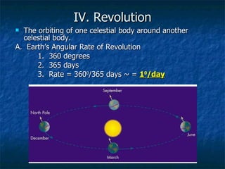IV. Revolution The orbiting of one celestial body around another celestial body. A.  Earth’s Angular Rate of Revolution 1.  360 degrees 2.  365 days 3.  Rate = 360 0 /365 days ~ =  1 0 /day 