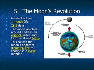 5.  The Moon’s Revolution Period of Revolution 1 month  OR 29.5  days The moon revolves around Earth in an  elliptical  orbit, and Earth is at one  focus . This causes the moon’s apparent  diameter/size  to change in a  cyclic  manner. 