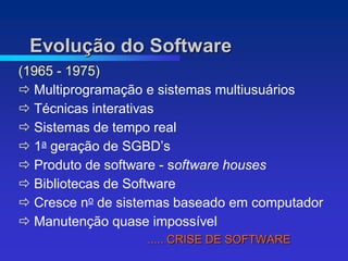 Evolução do Software
(1965 - 1975)
 Multiprogramação e sistemas multiusuários
 Técnicas interativas
 Sistemas de tempo real
 1a geração de SGBD’s
 Produto de software - software houses
 Bibliotecas de Software
 Cresce no de sistemas baseado em computador
 Manutenção quase impossível
                   ..... CRISE DE SOFTWARE
 