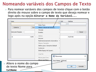  Para nomear variáveis dos campos de texto clique com o botão
direito do mouse sobre o campo de texto que deseja nomear e
logo após na opção Alterar o Nome da Variável...
 Altere o nome do campo
de texto Nome para
txtNome
 
