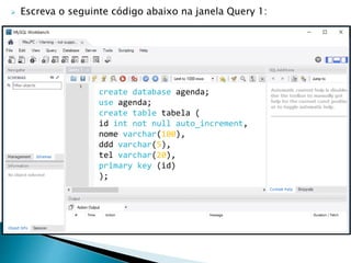  Escreva o seguinte código abaixo na janela Query 1:
create database agenda;
use agenda;
create table tabela (
id int not null auto_increment,
nome varchar(100),
ddd varchar(5),
tel varchar(20),
primary key (id)
);
 