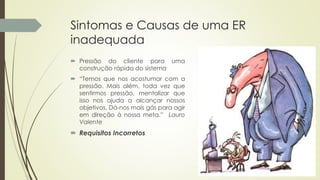 Sintomas e Causas de uma ER
inadequada
 Pressão do cliente para uma
construção rápida do sistema
 “Temos que nos acostumar com a
pressão. Mais além, toda vez que
sentirmos pressão, mentalizar que
isso nos ajuda a alcançar nossos
objetivos. Dá-nos mais gás para agir
em direção à nossa meta.” Lauro
Valente
 Requisitos Incorretos
 
