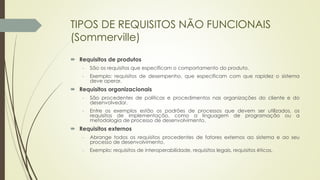TIPOS DE REQUISITOS NÃO FUNCIONAIS
(Sommerville)
 Requisitos de produtos
- São os requisitos que especificam o comportamento do produto.
- Exemplo: requisitos de desempenho, que especificam com que rapidez o sistema
deve operar.
 Requisitos organizacionais
- São procedentes de políticas e procedimentos nas organizações do cliente e do
desenvolvedor.
- Entre os exemplos estão os padrões de processos que devem ser utilizados, os
requisitos de implementação, como a linguagem de programação ou a
metodologia de processo de desenvolvimento.
 Requisitos externos
- Abrange todos os requisitos procedentes de fatores externos ao sistema e ao seu
processo de desenvolvimento.
- Exemplo: requisitos de interoperabilidade, requisitos legais, requisitos éticos.
 