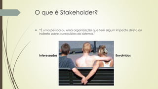 O que é Stakeholder?
 “É uma pessoa ou uma organização que tem algum impacto direto ou
indireto sobre os requisitos do sistema.”
Interessados Envolvidos
 