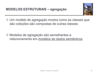 MODELOS ESTRUTURAIS – agregação
 Um modelo de agregação mostra como as classes que
são coleções são compostas de outras classes
 Modelos de agregação são semelhantes a
relacionamento em modelos de dados semânticos
30Chapter 5 System modeling
 