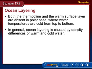 Ocean Layering Both the thermocline and the warm surface layer are absent in polar seas, where water temperatures are cold from top to bottom.  Seawater In general, ocean layering is caused by density differences of warm and cold water.  