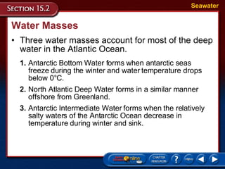 Water Masses Three water masses account for most of the deep water in the Atlantic Ocean.  Seawater 1. Antarctic Bottom Water forms when antarctic seas freeze during the winter and water temperature drops below 0°C.  2. North Atlantic Deep Water forms in a similar manner offshore from Greenland.  3. Antarctic Intermediate Water forms when the relatively salty waters of the Antarctic Ocean decrease in temperature during winter and sink.  