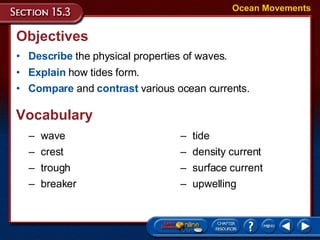 Objectives Describe  the physical properties of waves. wave crest trough breaker Explain  how tides form. Compare  and  contrast  various ocean currents.  Vocabulary Ocean Movements tide density current surface current upwelling 