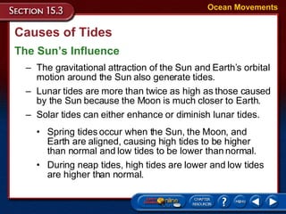 Causes of Tides The Sun’s Influence Ocean Movements The gravitational attraction of the Sun and Earth’s orbital motion around the Sun also generate tides.  Lunar tides are more than twice as high as those caused by the Sun because the Moon is much closer to Earth. Solar tides can either enhance or diminish lunar tides. Spring tides occur when the Sun, the Moon, and Earth are aligned, causing high tides to be higher than normal and low tides to be lower than normal. During neap tides, high tides are lower and low tides are higher than normal.  