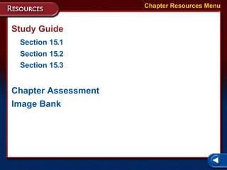 Chapter Resources Menu Study Guide Section 15.1 Section 15.2 Section 15.3 Chapter Assessment Image Bank Chapter Resources Menu 