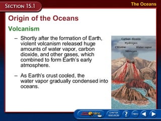 Origin of the Oceans Volcanism The Oceans Shortly after the formation of Earth, violent volcanism released huge amounts of water vapor, carbon dioxide, and other gases, which combined to form Earth’s early atmosphere.  As Earth’s crust cooled, the  water vapor gradually condensed into oceans.  