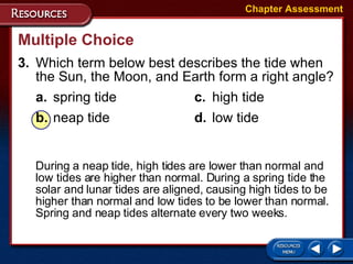 Multiple Choice 3. Which term below best describes the tide when the Sun, the Moon, and Earth form a right angle? a. spring tide c. high tide b. neap tide d. low tide Chapter Assessment During a neap tide, high tides are lower than normal and low tides are higher than normal. During a spring tide the solar and lunar tides are aligned, causing high tides to be higher than normal and low tides to be lower than normal. Spring and neap tides alternate every two weeks. 