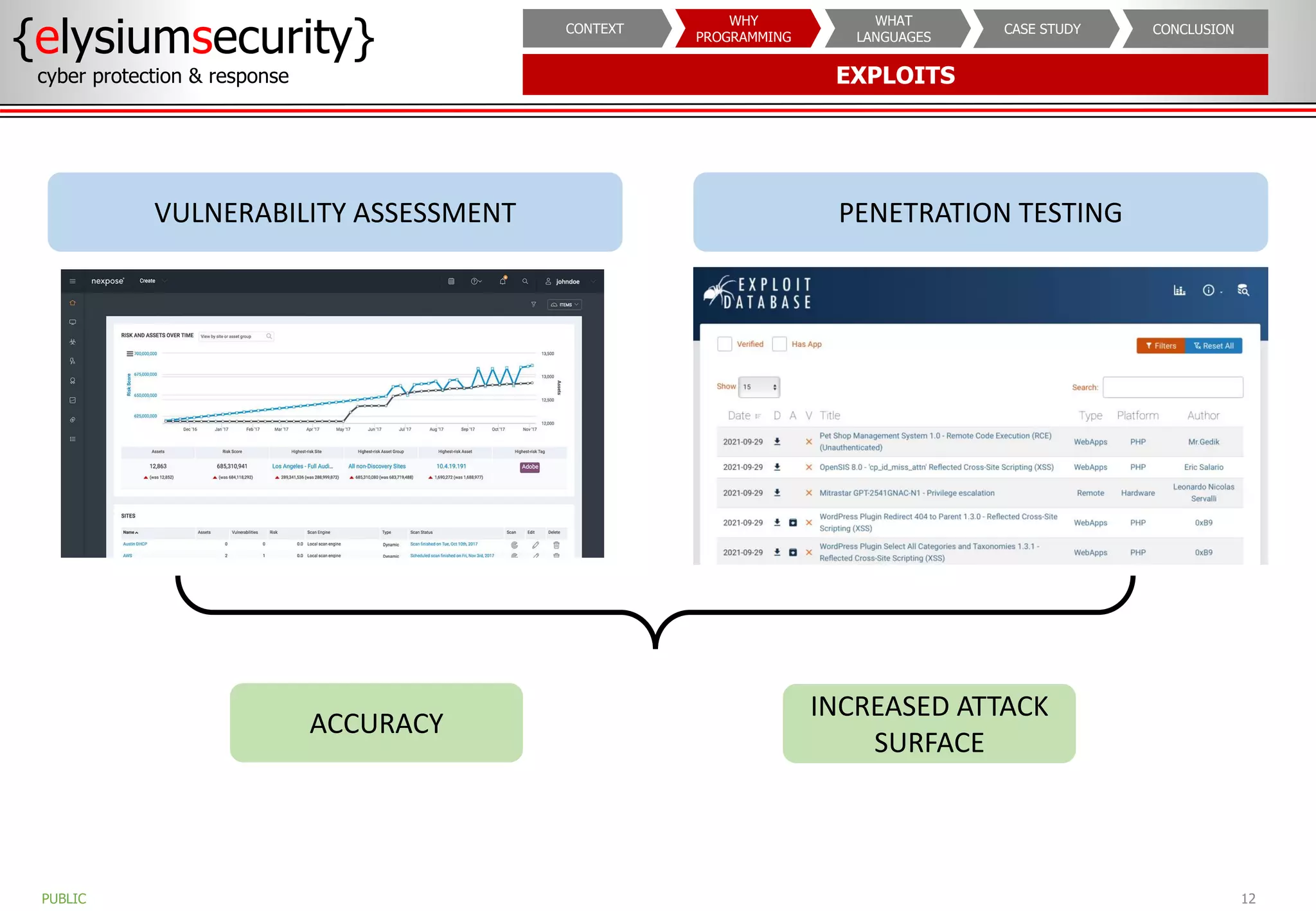 EXPLOITS
{elysiumsecurity}
cyber protection & response
12
PUBLIC
CONCLUSION
CASE STUDY
WHAT
LANGUAGES
WHY
PROGRAMMING
CONTEXT
VULNERABILITY ASSESSMENT
ACCURACY
PENETRATION TESTING
INCREASED ATTACK
SURFACE
 