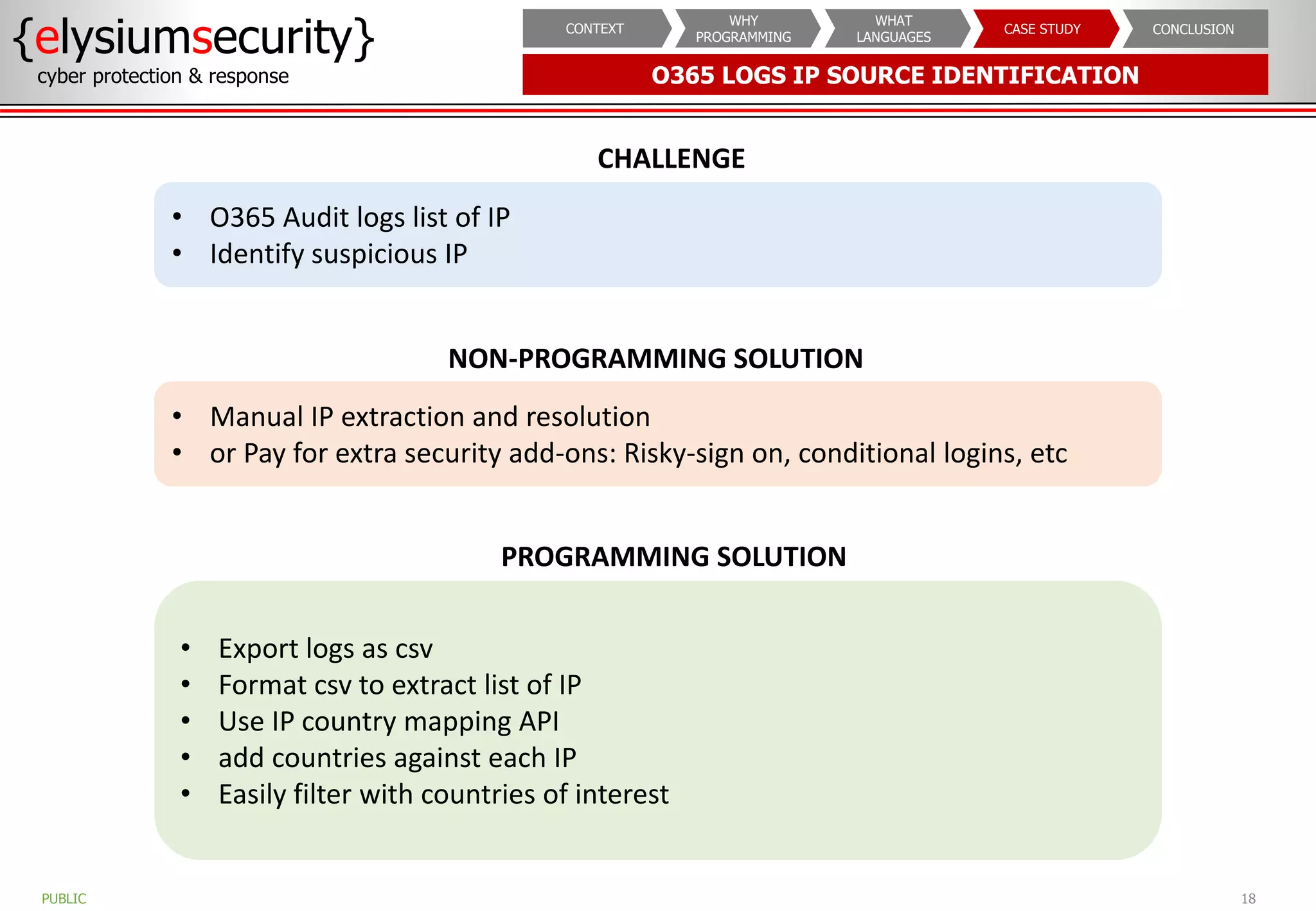 O365 LOGS IP SOURCE IDENTIFICATION
{elysiumsecurity}
cyber protection & response
18
PUBLIC
CONCLUSION
CASE STUDY
WHAT
LANGUAGES
WHY
PROGRAMMING
CONTEXT
CHALLENGE
• O365 Audit logs list of IP
• Identify suspicious IP
PROGRAMMING SOLUTION
• Export logs as csv
• Format csv to extract list of IP
• Use IP country mapping API
• add countries against each IP
• Easily filter with countries of interest
NON-PROGRAMMING SOLUTION
• Manual IP extraction and resolution
• or Pay for extra security add-ons: Risky-sign on, conditional logins, etc
 
