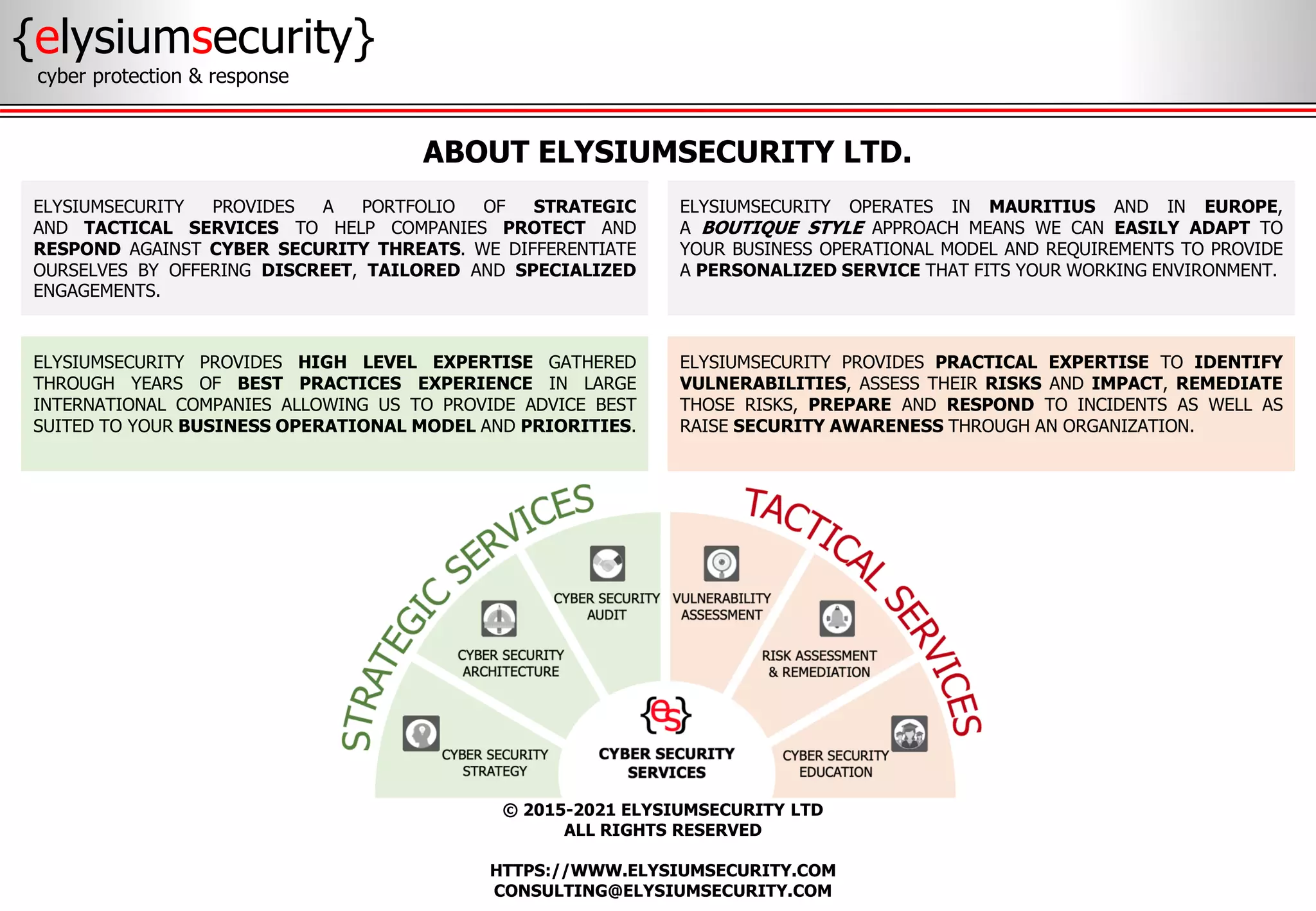 © 2015-2021 ELYSIUMSECURITY LTD
ALL RIGHTS RESERVED
HTTPS://WWW.ELYSIUMSECURITY.COM
CONSULTING@ELYSIUMSECURITY.COM
ABOUT ELYSIUMSECURITY LTD.
{elysiumsecurity}
cyber protection & response
ELYSIUMSECURITY PROVIDES A PORTFOLIO OF STRATEGIC
AND TACTICAL SERVICES TO HELP COMPANIES PROTECT AND
RESPOND AGAINST CYBER SECURITY THREATS. WE DIFFERENTIATE
OURSELVES BY OFFERING DISCREET, TAILORED AND SPECIALIZED
ENGAGEMENTS.
ELYSIUMSECURITY OPERATES IN MAURITIUS AND IN EUROPE,
A BOUTIQUE STYLE APPROACH MEANS WE CAN EASILY ADAPT TO
YOUR BUSINESS OPERATIONAL MODEL AND REQUIREMENTS TO PROVIDE
A PERSONALIZED SERVICE THAT FITS YOUR WORKING ENVIRONMENT.
ELYSIUMSECURITY PROVIDES PRACTICAL EXPERTISE TO IDENTIFY
VULNERABILITIES, ASSESS THEIR RISKS AND IMPACT, REMEDIATE
THOSE RISKS, PREPARE AND RESPOND TO INCIDENTS AS WELL AS
RAISE SECURITY AWARENESS THROUGH AN ORGANIZATION.
ELYSIUMSECURITY PROVIDES HIGH LEVEL EXPERTISE GATHERED
THROUGH YEARS OF BEST PRACTICES EXPERIENCE IN LARGE
INTERNATIONAL COMPANIES ALLOWING US TO PROVIDE ADVICE BEST
SUITED TO YOUR BUSINESS OPERATIONAL MODEL AND PRIORITIES.
 